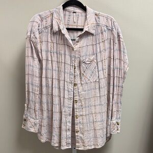 Free People Checkered Button-Down Shirt in soft pink and Blue